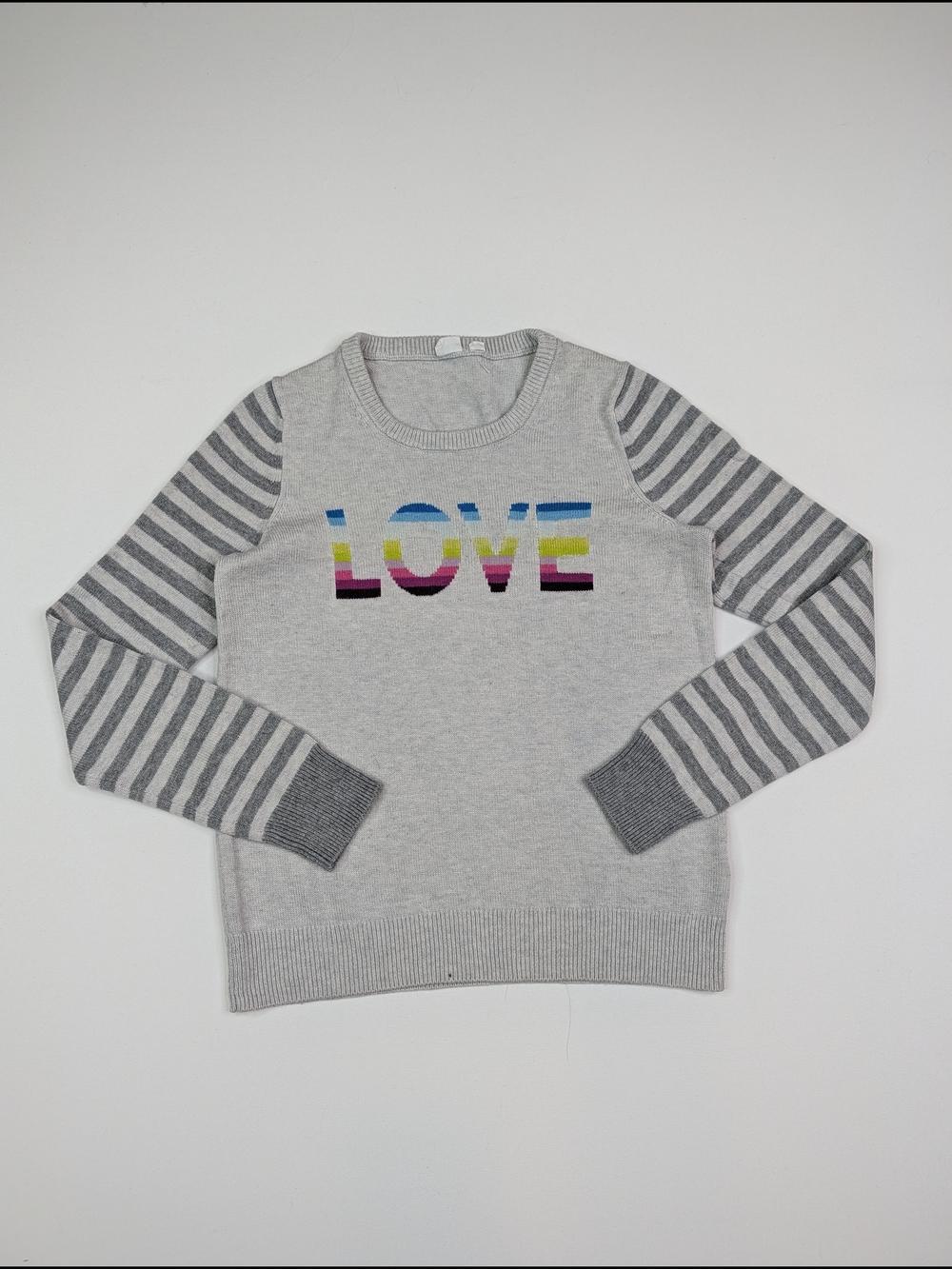 GAP Light Gray Crewneck Sweater with Striped Sleeves and Multicolor LOVE Pride